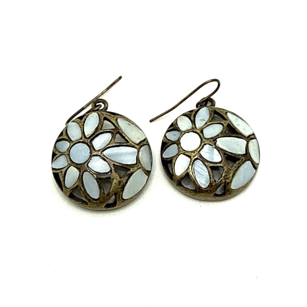 Floral Inlay Mosaic Leaf Dangle Earrings Blue Iridescent Glass Pierced 1.5"